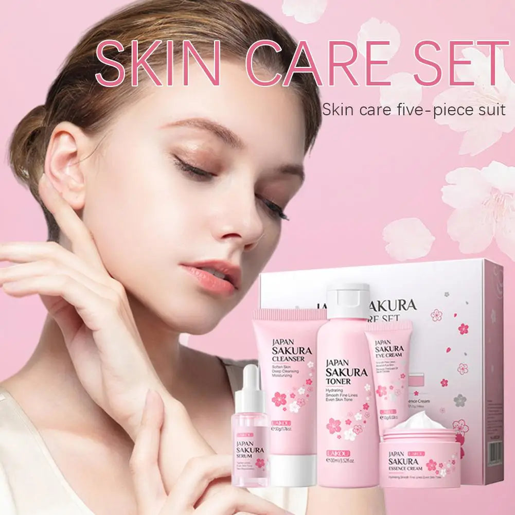 5/3Pcs/Set Sakura Skin Care Sets Face Cream Serum Toner Facial Cleanser Sunscreen Eye Cream Gift Box Face Skin Care Set Product